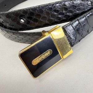 Yves Saint Laurent YSL Vintage Black Snakeskin Belt Gold Tone Logo Buckle